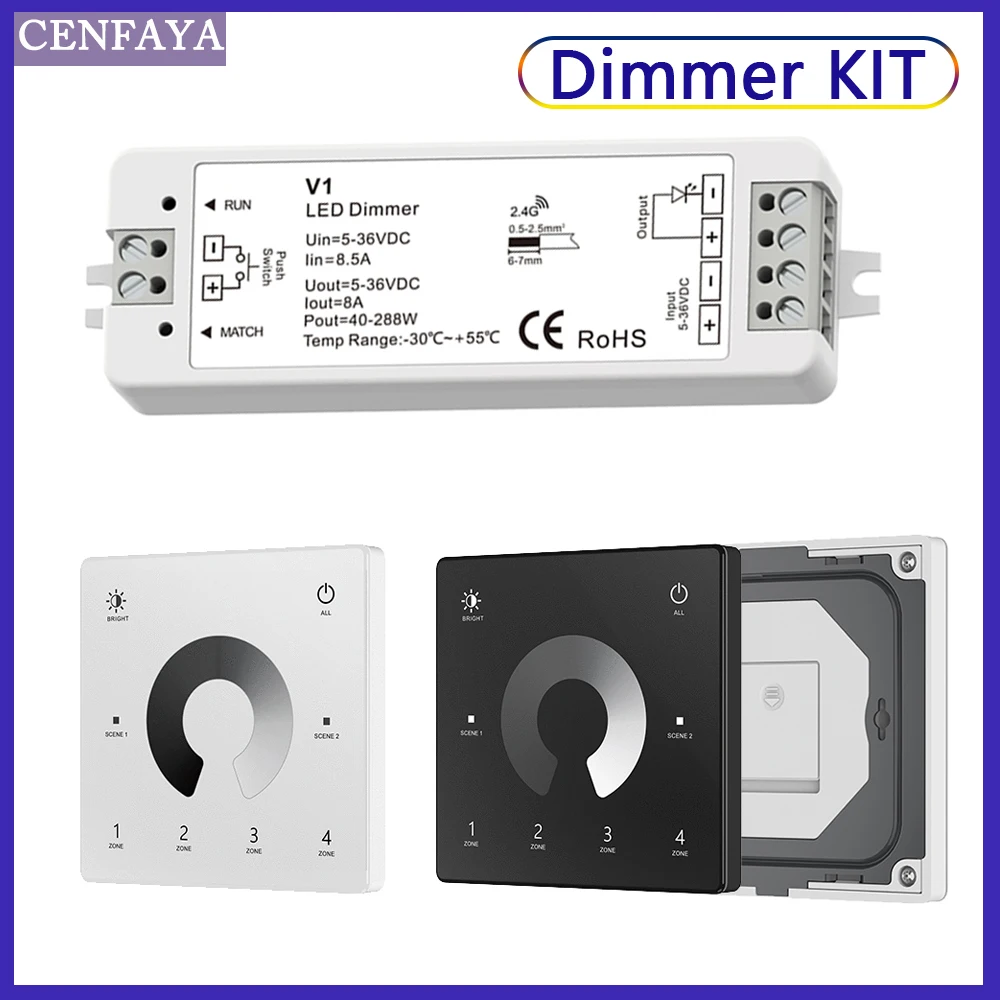 Atenuador de luz LED V1, 1 canal, 5V, 12V, 24V, 36V, 4 zonas, un solo Color, Kit de atenuación, inalámbrico, 2,4G, Control remoto RF, Interruptor táctil
