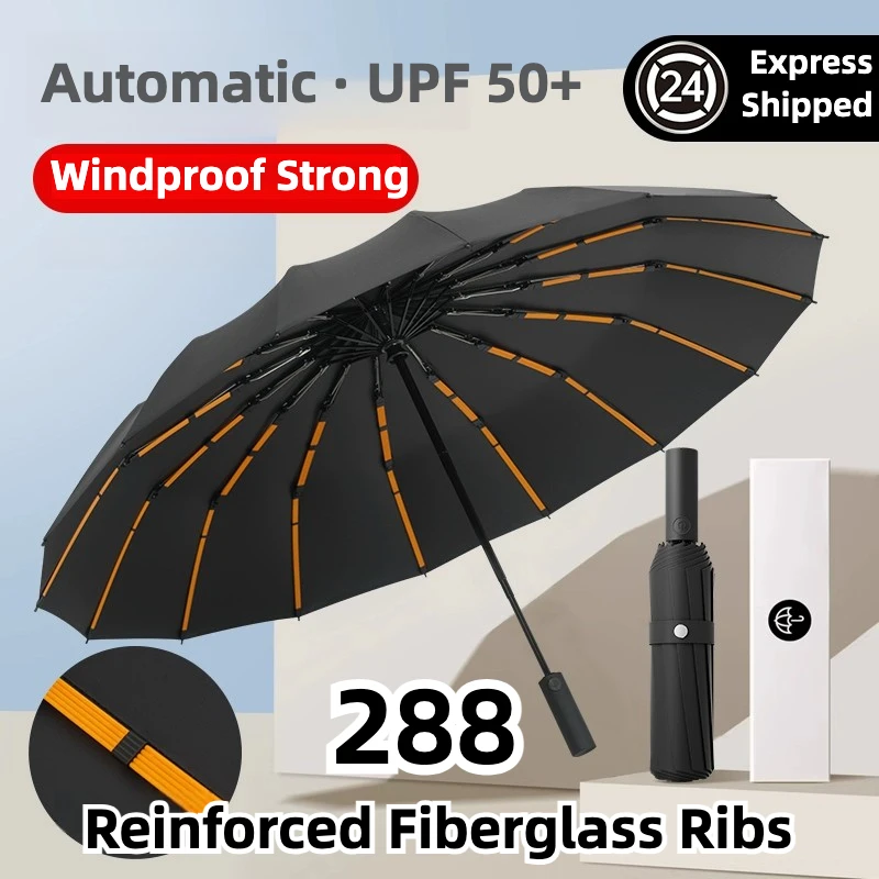 Paraguas automático a prueba de viento a prueba de tormentas, 288 costillas de fibra de vidrio reforzadas, protección solar UV UPF50+, paraguas de lluvia plegable compacto para hombres