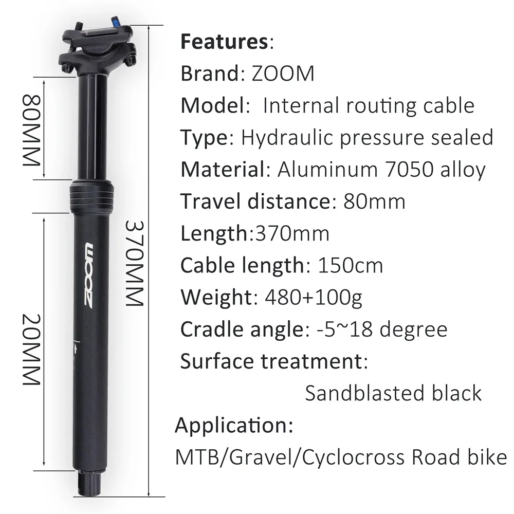 Tija de sillín con cuentagotas para bicicleta ZOOM, enrutamiento interno de 27,2-33,9 MM, 80mm, viaje para MTB, grava/bicicletas de carretera, accesorios para ciclismo de invierno