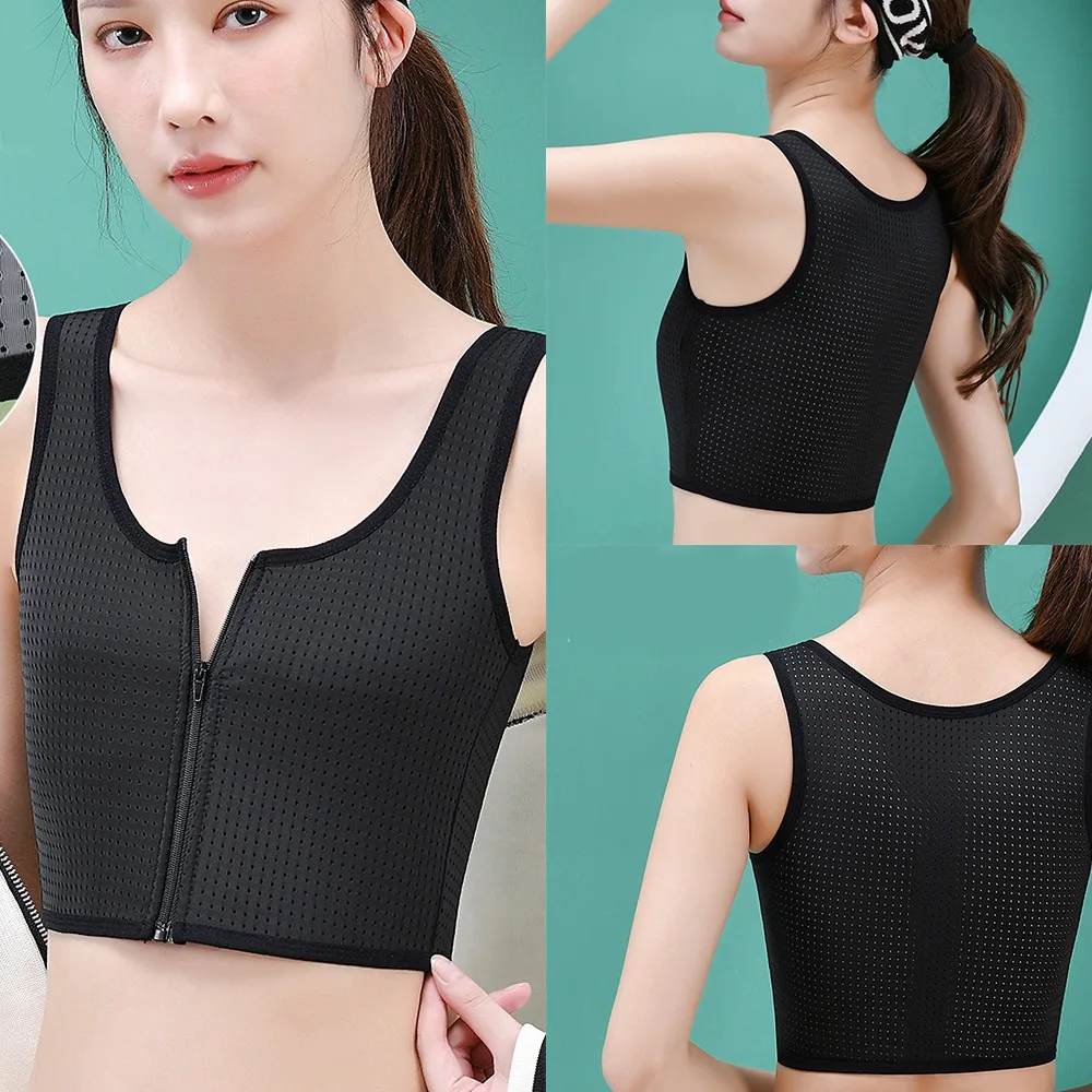 Sujetador deportivo de malla con cremallera para mujer, corsé elástico transpirable, chaleco plano, ajustado, a la moda