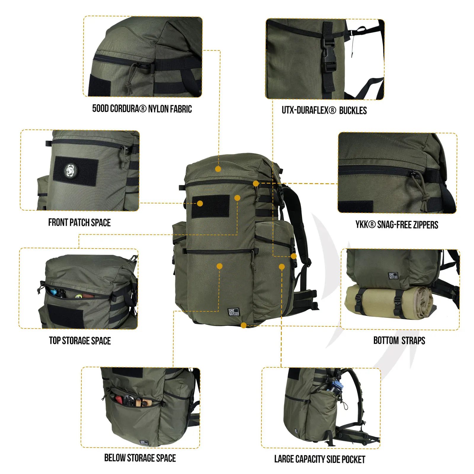 OneTigris WILD ROCKET Bushcraft Pack Mochila de 45 L Mochila enrollable para viajes al aire libre con revestimiento resistente al agua y soportes para hachas