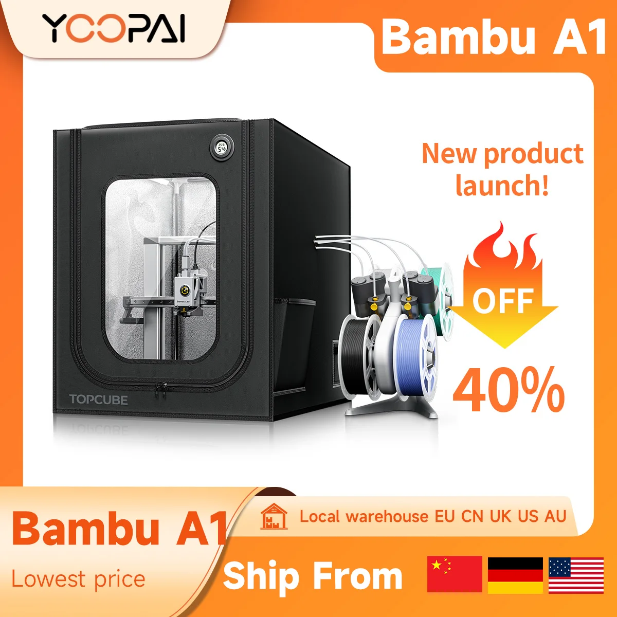 Caja para Impresora 3D YOOPAI para Bambu Lab A1/A1 Mini, Caja de Gran Tamaño con Luz LED, Resistente al Fuego, al Agua y al Polvo, Color Negro