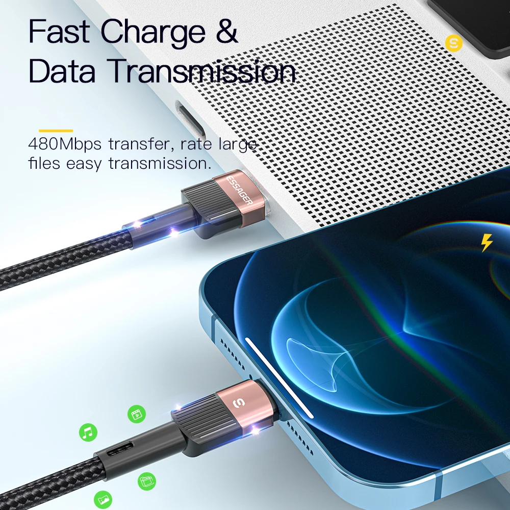 Cable USB Essager para Iphone14 13 12 11 Pro Max Xs Xr X SE 8 7 6 Plus línea de datos de teléfono móvil de carga rápida para Cable cargador de Ipad