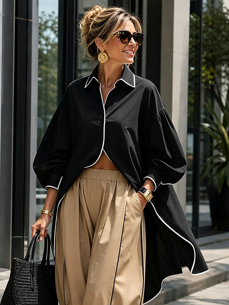 Yeezzi Blusa de mujer con cuello de solapa y ribete en contraste negro, mangas abullonadas, dobladillo irregular asimétrico, holgada, informal, para oficina y uso diario