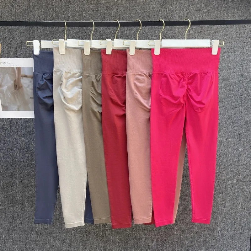 Pantalones deportivos sin costuras para Yoga, mallas deportivas de cintura alta, transparentes, para Yoga, gimnasio, correr, pantalones de secado rápido, pantalones con fruncido en la parte de atrás