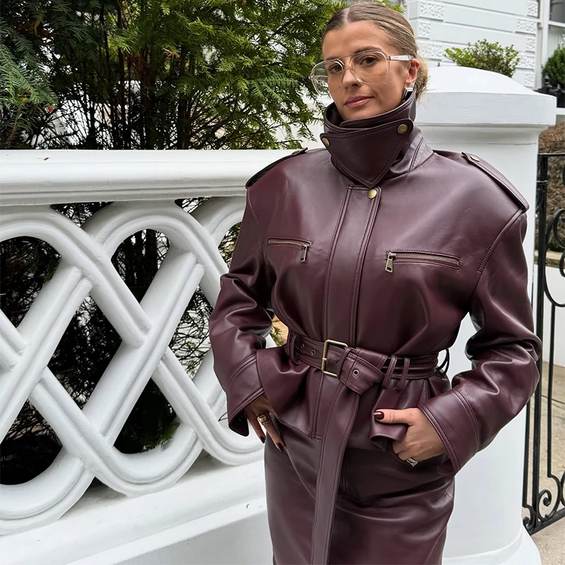 Chaqueta de cuero Vintage para mujer, abrigo corto con bolsillo y cuello levantado, prendas de vestir con cremallera en la cintura Retro, nuevas chaquetas de Otoño Invierno 2025
