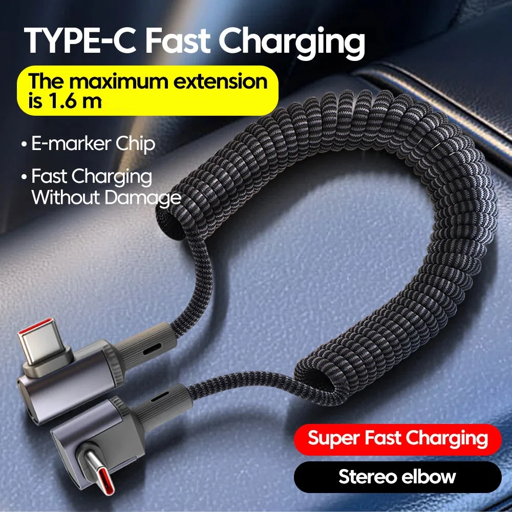 Cable USB Tipo C a Tipo C de 100W para Auto, con Resorte, 90 Grados °   Cable de Carga Rápida USB C con Conector en Ángulo para iPhone 17, 16, 15, Teléfono, Tableta, Portátil