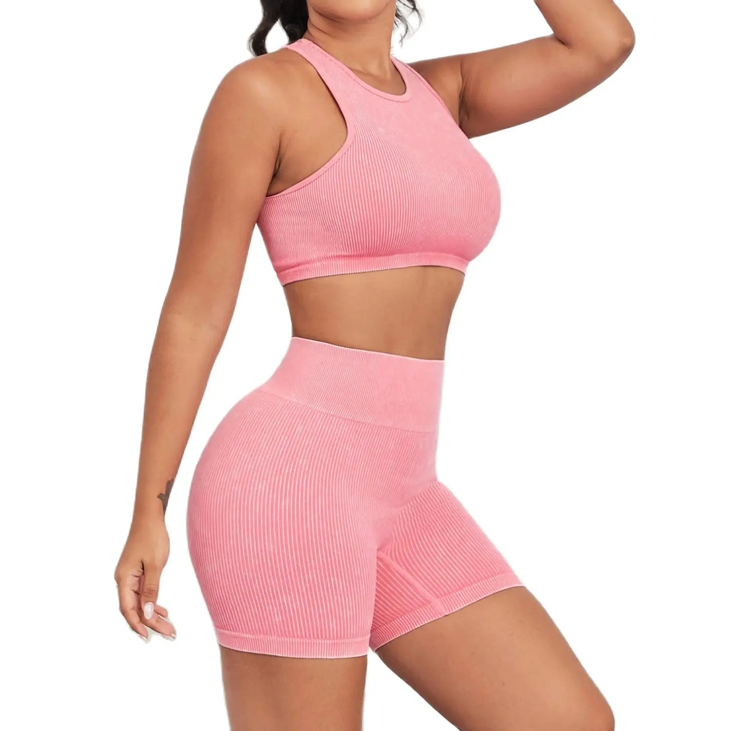 CHRLEISURE-traje de Yoga acanalado lavado para mujer, chaleco deportivo sin almohadilla con pantalones cortos de ciclismo, conjunto deportivo elástico ajustado, 2 uds.