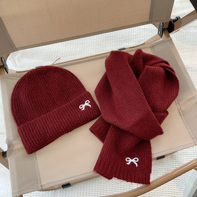 Gorros de punto coreanos para niños, traje de bufandas, gorro de invierno para niños, gorro grueso suave para niñas y niños, gorro cálido bordado con bonito lazo, 2 uds.