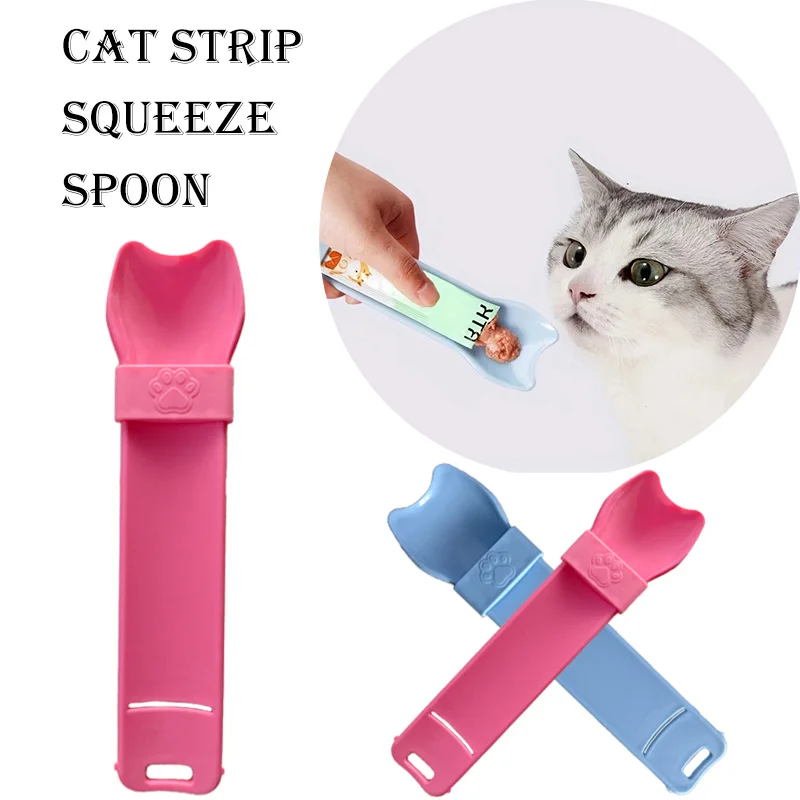 Cuchara para apretar con tira para gatos, para golosinas húmedas y lickable, puré de carne, sin desorden, manos libres, cuchara para comida para mascotas, alimentador portátil antiderrames para gatos
