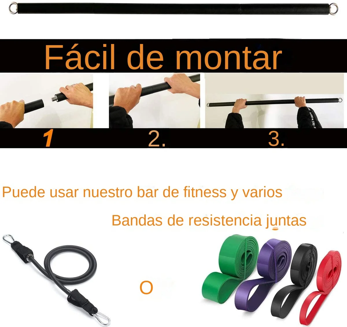 Barra de entrenamiento que se adapta a todas las bandas de resistencia con clip, bandas de resistencia portátiles, barra de ejercicio para fitness, gimnasio en casa, entrenamiento de cuerpo completo