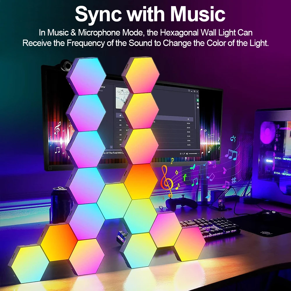 Lámpara de pared hexagonal inteligente RGB con cambio de color, luz ambiental nocturna, forma personalizable, control mediante aplicación y sincronización con el ritmo de la música, ideal para salas de juegos y dormitorios.