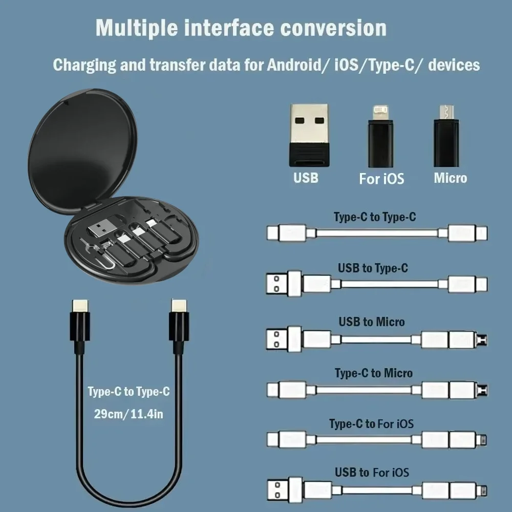 Caja de Almacenamiento de Cables de Datos Multifuncional Portátil, Soporte para Teléfono Móvil con Carga Rápida de 60W, Juego de Cables de Carga, Conversor Multi-Cabeza
