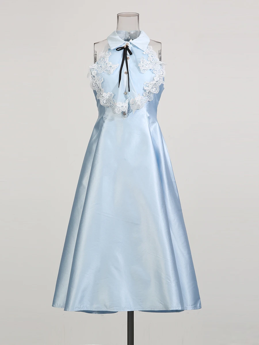 TWOTWINSTYLE, vestidos largos elegantes adelgazantes de encaje empalmado para mujer, vestido sin mangas con solapa de cintura alta con lazo de retales, vestido femenino nuevo