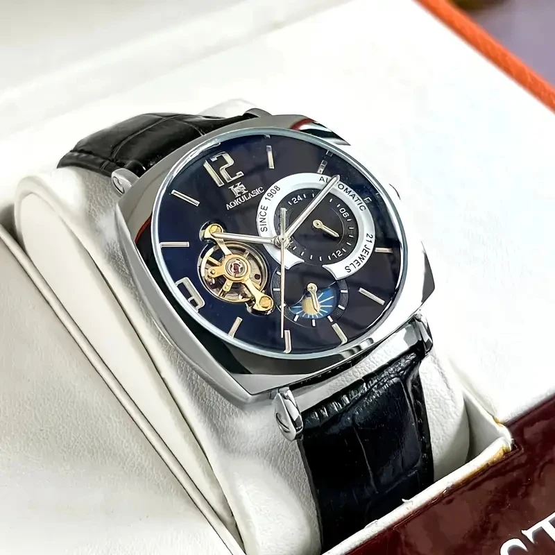 Reloj Mecánico para Hombre, Estilo Retro |   Elegante, esfera de esqueleto, diseño hueco, caja de aleación, correa de cuero sintético |   Ropa de Negocios y Casual, No Requiere Baterías