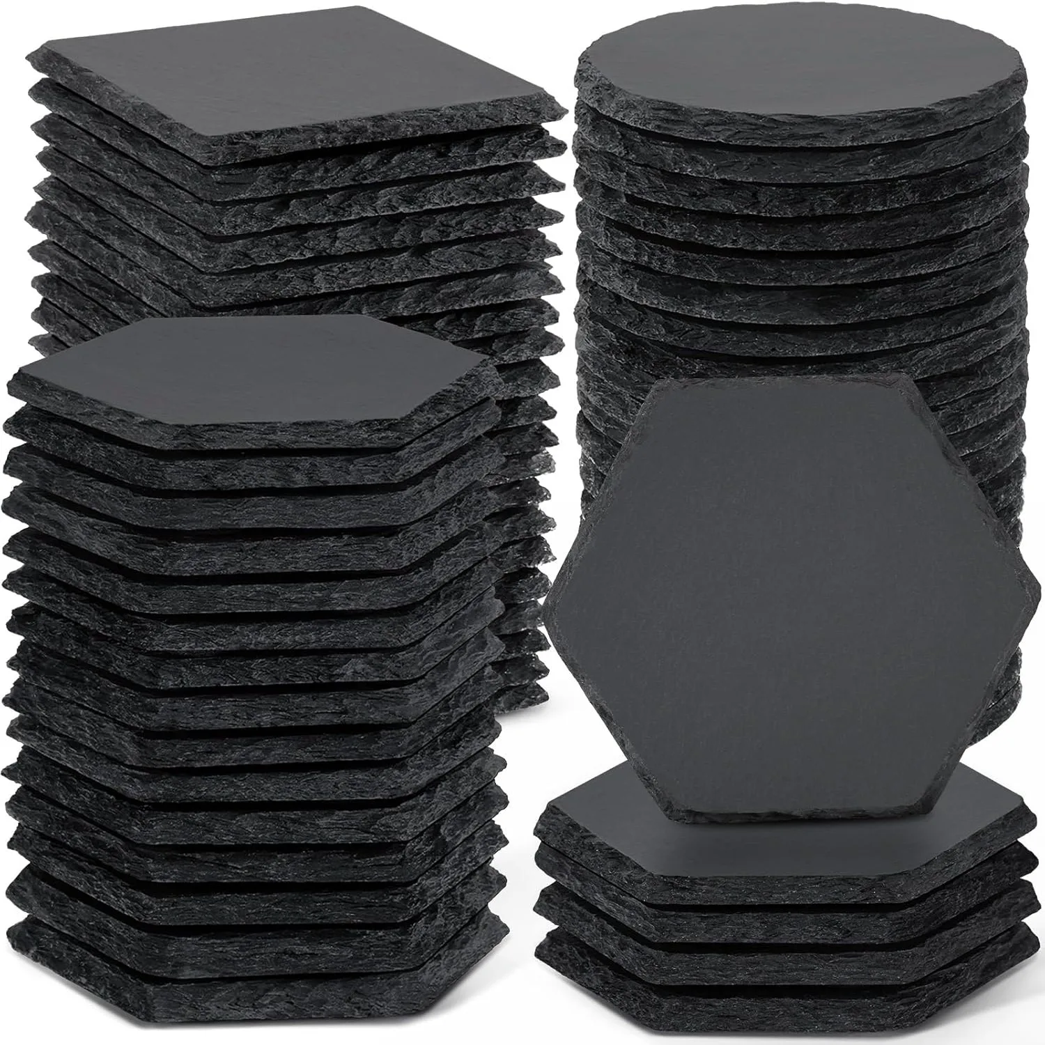 8 posavasos de pizarra a granel, espacios en blanco de piedra negra hechos a mano cuadrados, redondos y hexagonales de 4 pulgadas para grabado láser y decoración del hogar