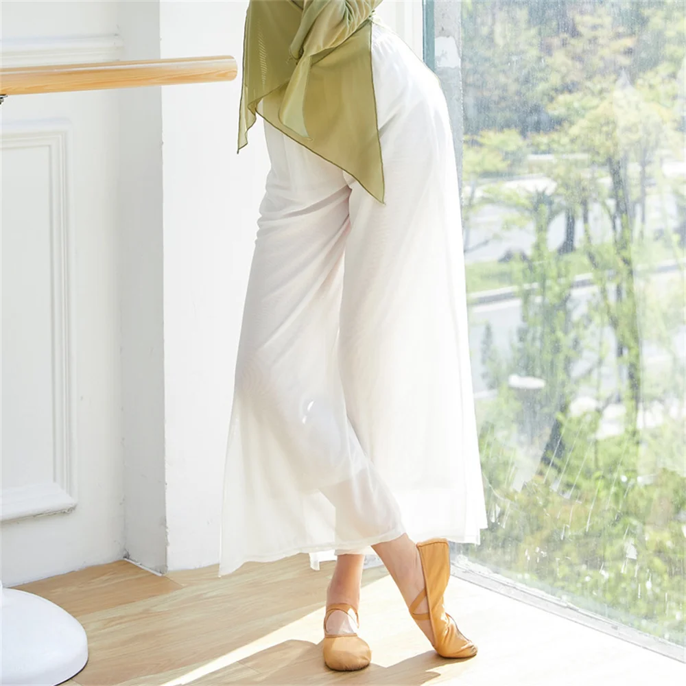Pantalones de baile modernos para mujer, pantalones de baile de pierna ancha holgados de nailon de malla, pantalones de Yoga diarios para danza clásica china para mujer