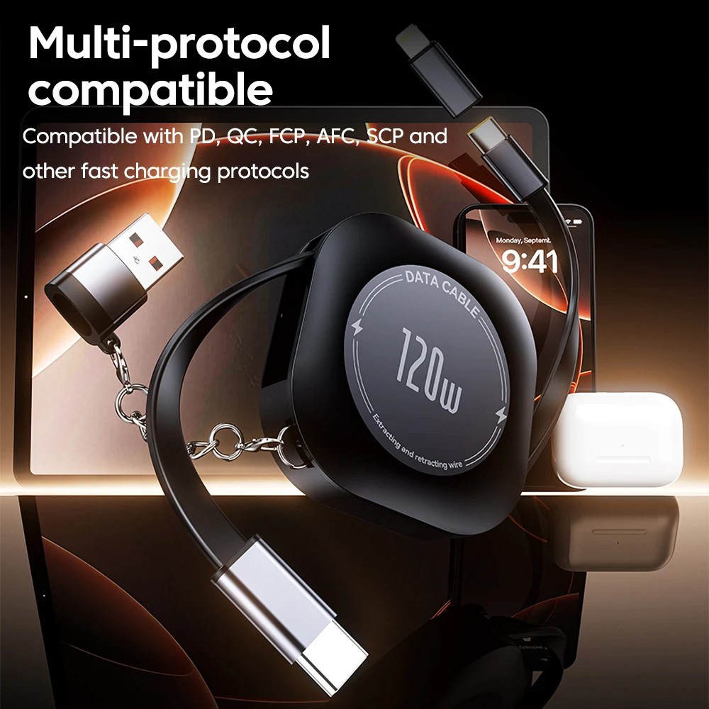 Elough 120W USB C a USB C Cable de carga retráctil con adaptador tipo C hembra a USB ios macho para iPhone 16 Cable de datos Xiaomi