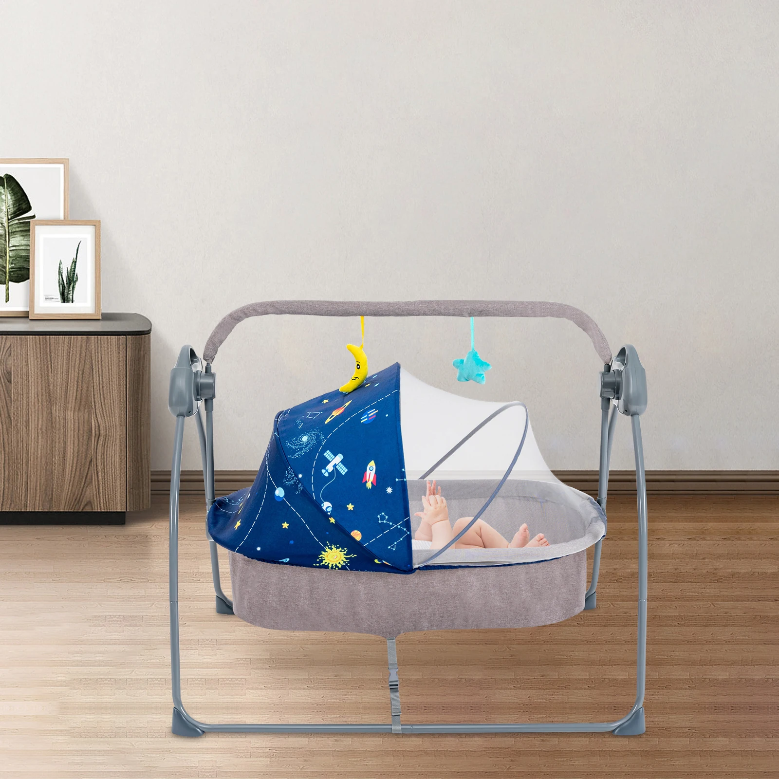 Cuna Mecedora Plegable para Bebé con Música y Temporizador, Cuna Eléctrica de 5 Velocidades con Función de Balanceo Automático, Cama Mecedora Portátil para Bebés de 0 a 18 Meses
