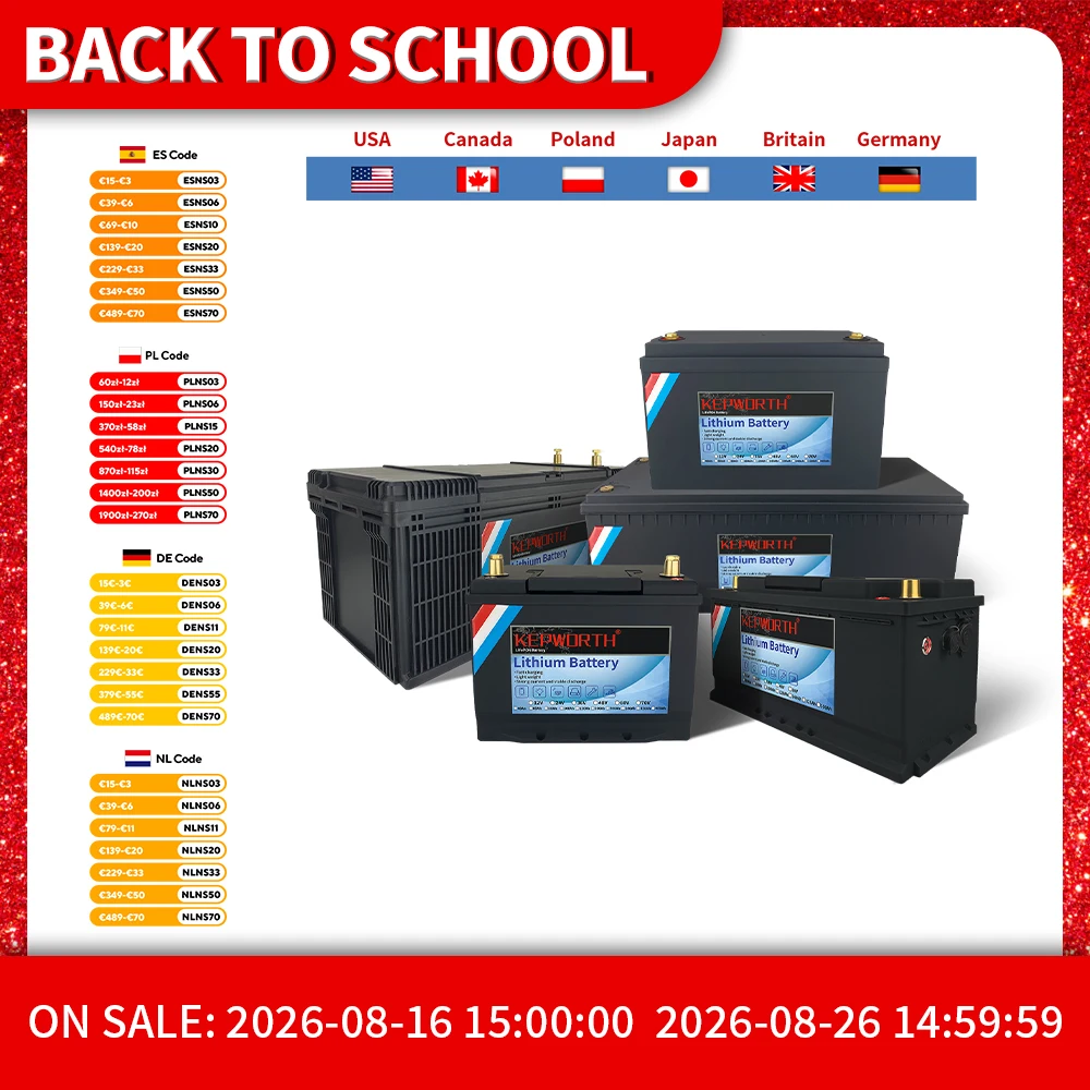 Batería de fosfato de hierro y litio KEPWORTH LiFePO4 de 12V 24V con BMS 50 100 120 135 300Ah para carrito de golf EV RV almacenamiento de energía Solar
