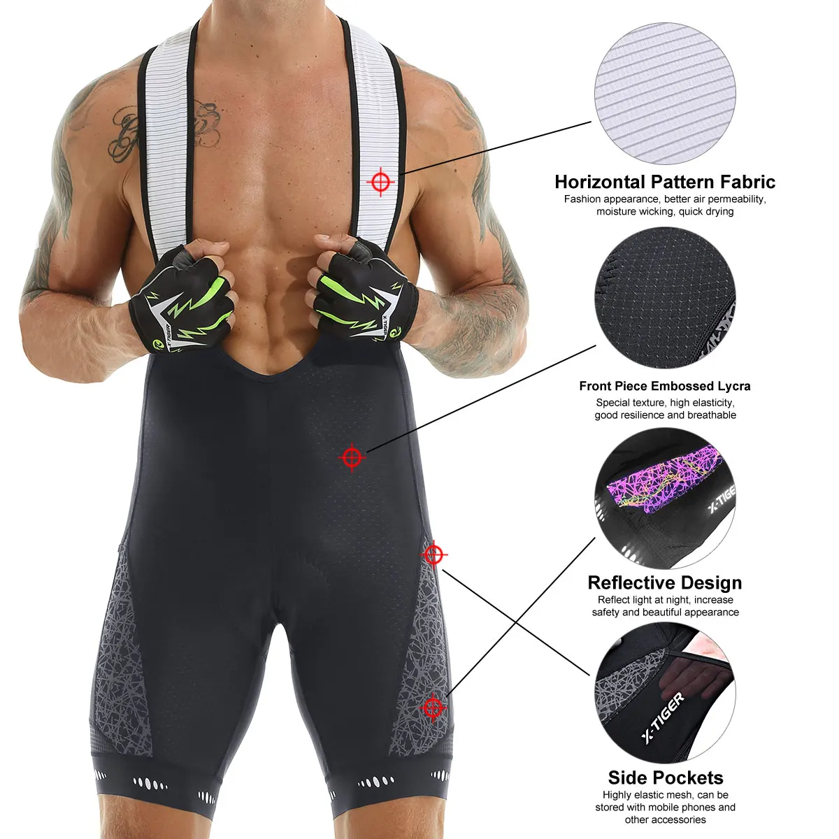 Pantalones cortos con pechera de ciclismo para hombre, pantalones cortos transpirables para bicicleta de montaña, acolchados con esponja, mallas con bolsillos laterales, X-TIGER