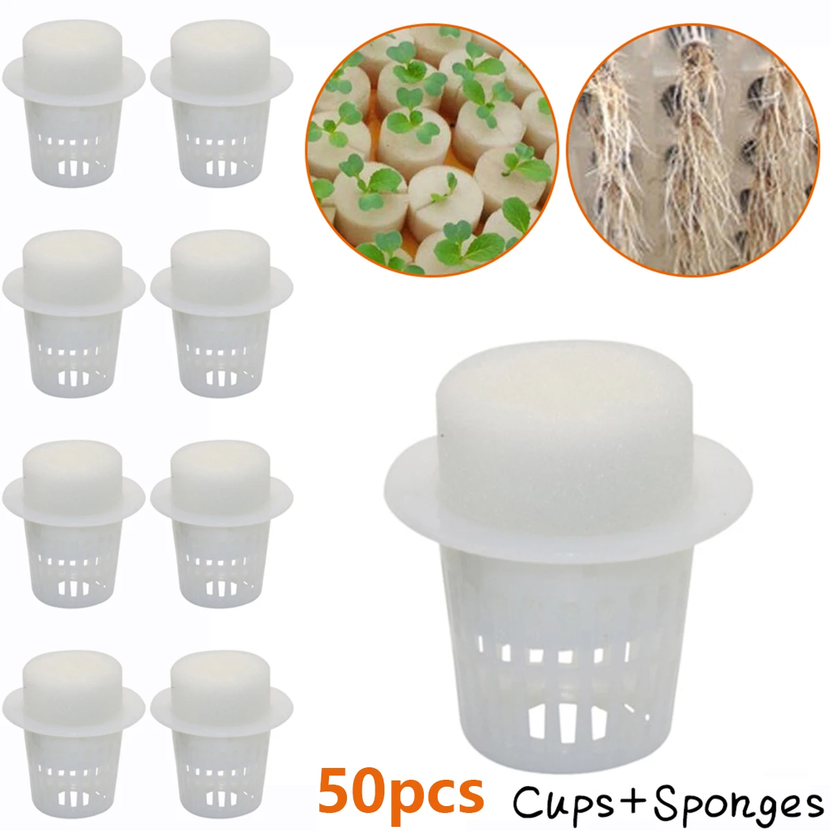 50 Uds. Taza de red para plantas y 50 Uds. De esponja cilíndrica para orquídeas hidropónicas, vasos de red de plástico resistentes a los rayos UV para iniciación de plantas