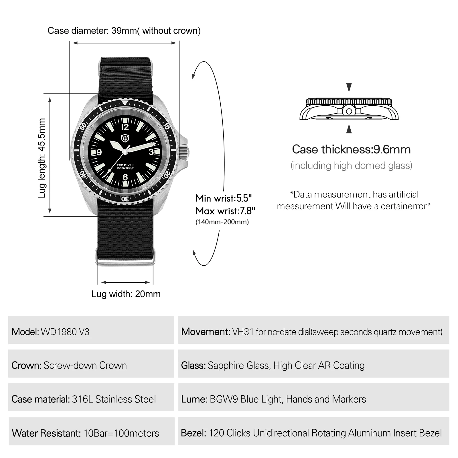 Watchdives WD1980 V3 reloj de lujo VH31 barrido segundos movimiento de cuarzo revestimiento AR cristal de zafiro 10Bar relojes impermeables para hombres