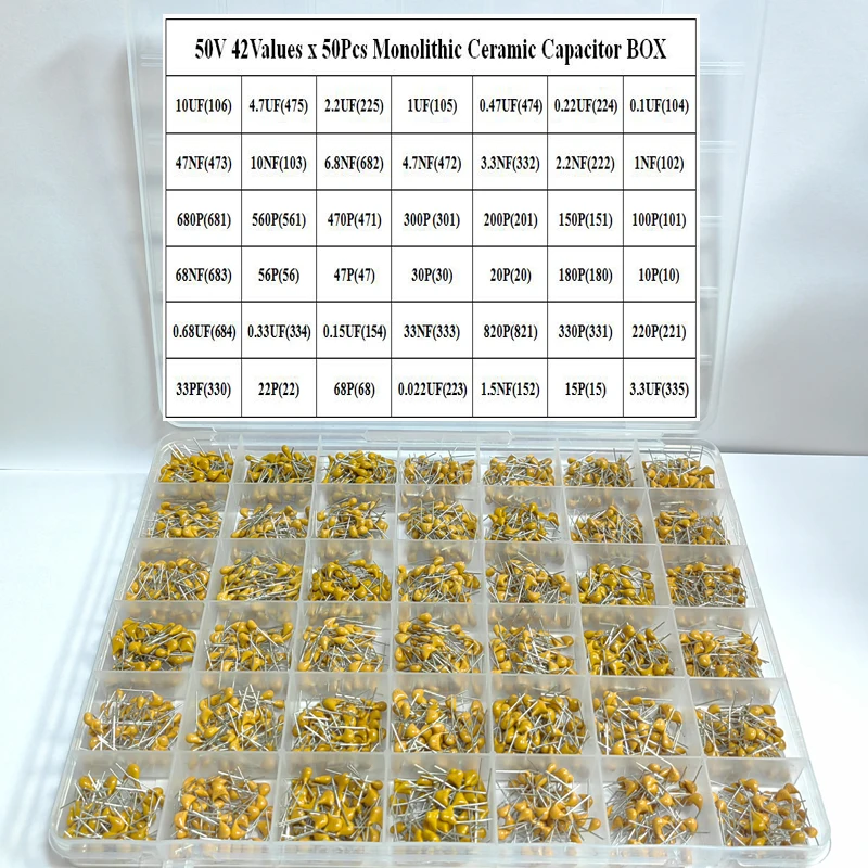 Condensador cerámico monolítico de 42 valores x 50 piezas, 10pF ~ 10uF, Kit surtido de condensadores cerámicos 1UF 100NF 330NF 0,1 UF 102 104 105 caja