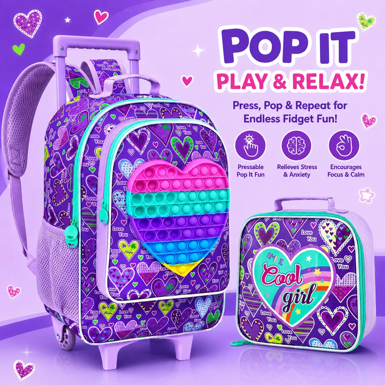 Mochila con ruedas de 3 piezas para niñas, mochila con ruedas para niños, mochila escolar con ruedas y bolsa de almuerzo - Corazón morado