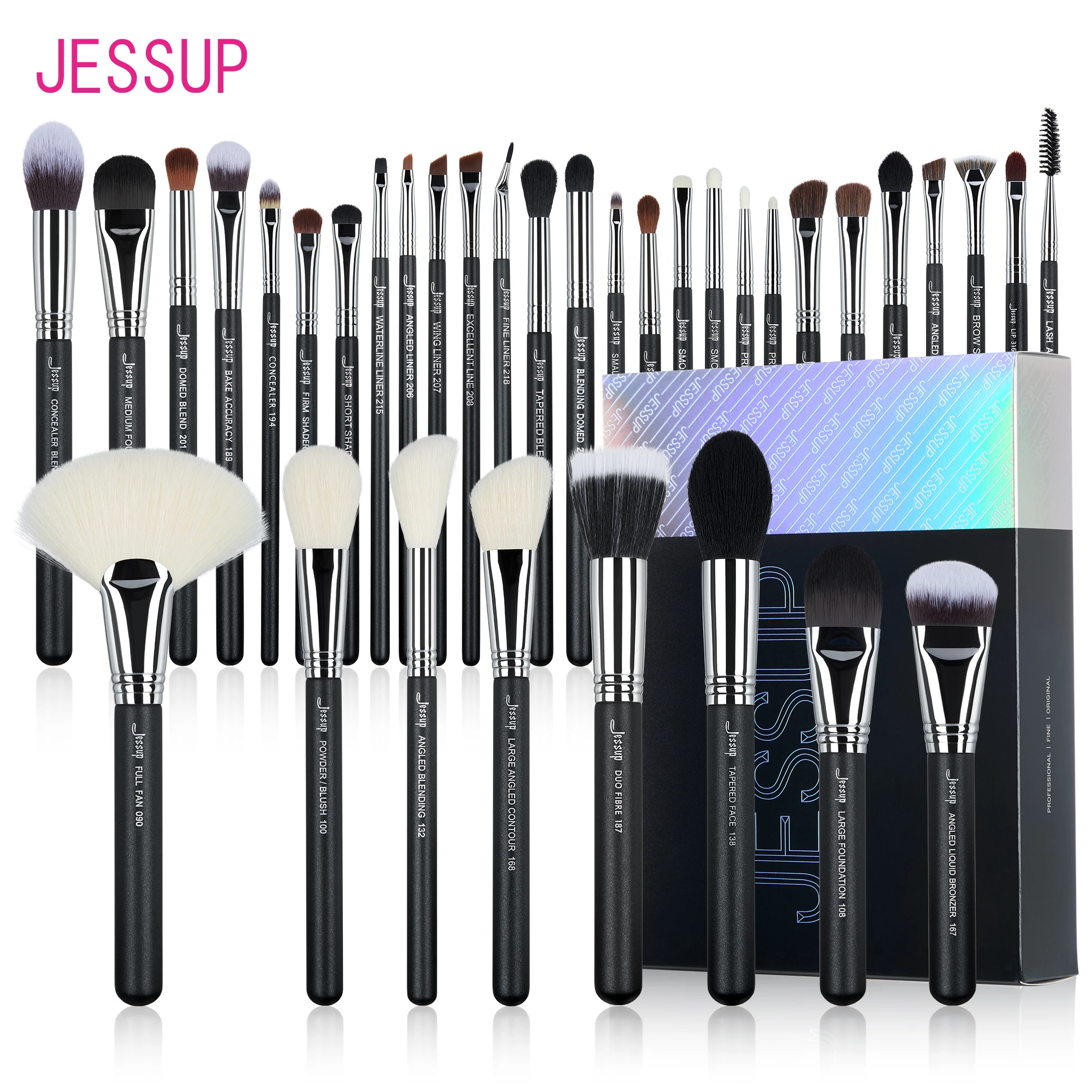 Jessup Juego de brochas de maquillaje Profesional 35 piezas Brocha de maquillaje con etiqueta sintética premium para base, sombra de ojos, corrector y contorno