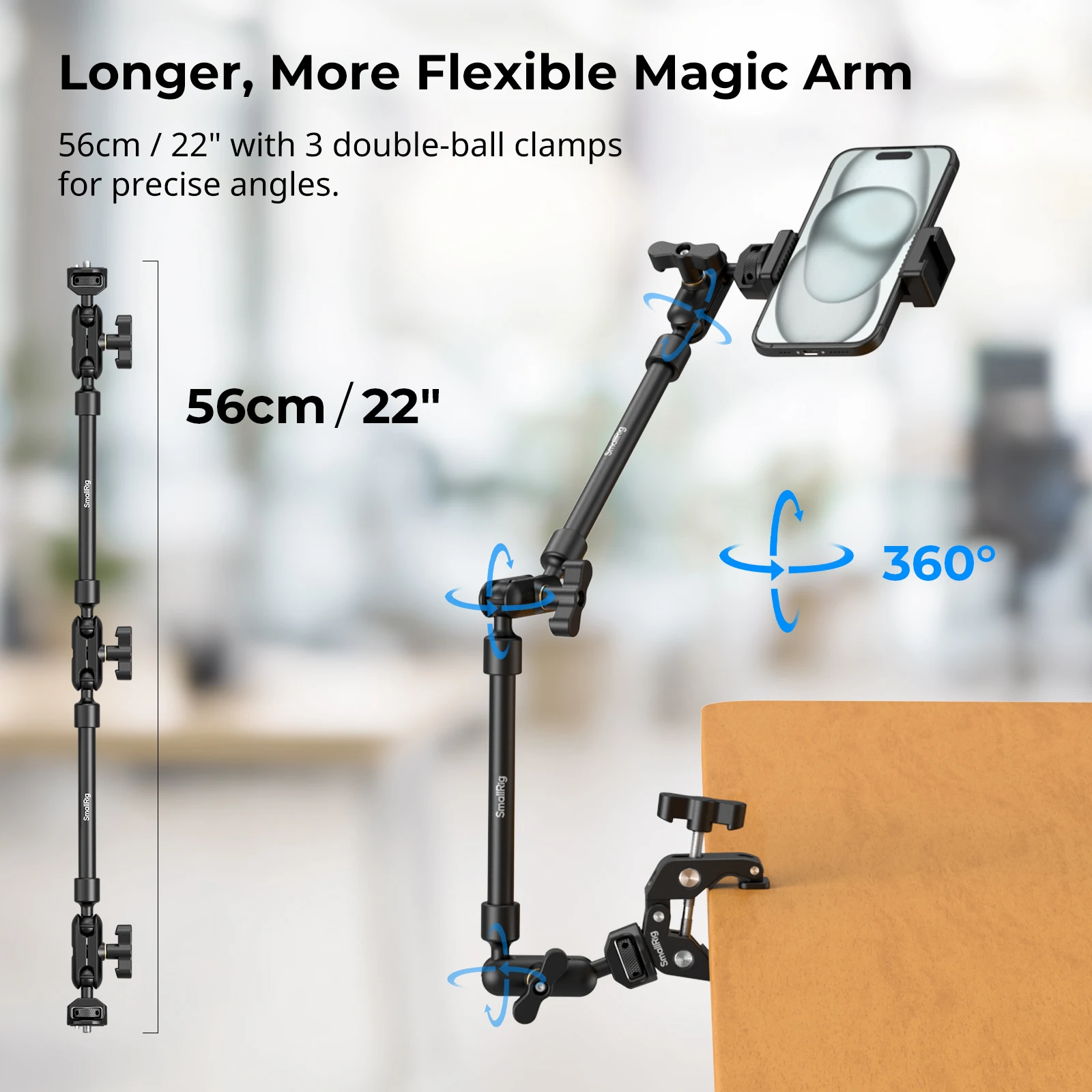 Brazo mágico de disparo de escritorio SmallRig con kit de abrazadera de cangrejo, brazo mágico ajustable para teléfonos inteligentes, webcámaras y cámaras de acción 4766