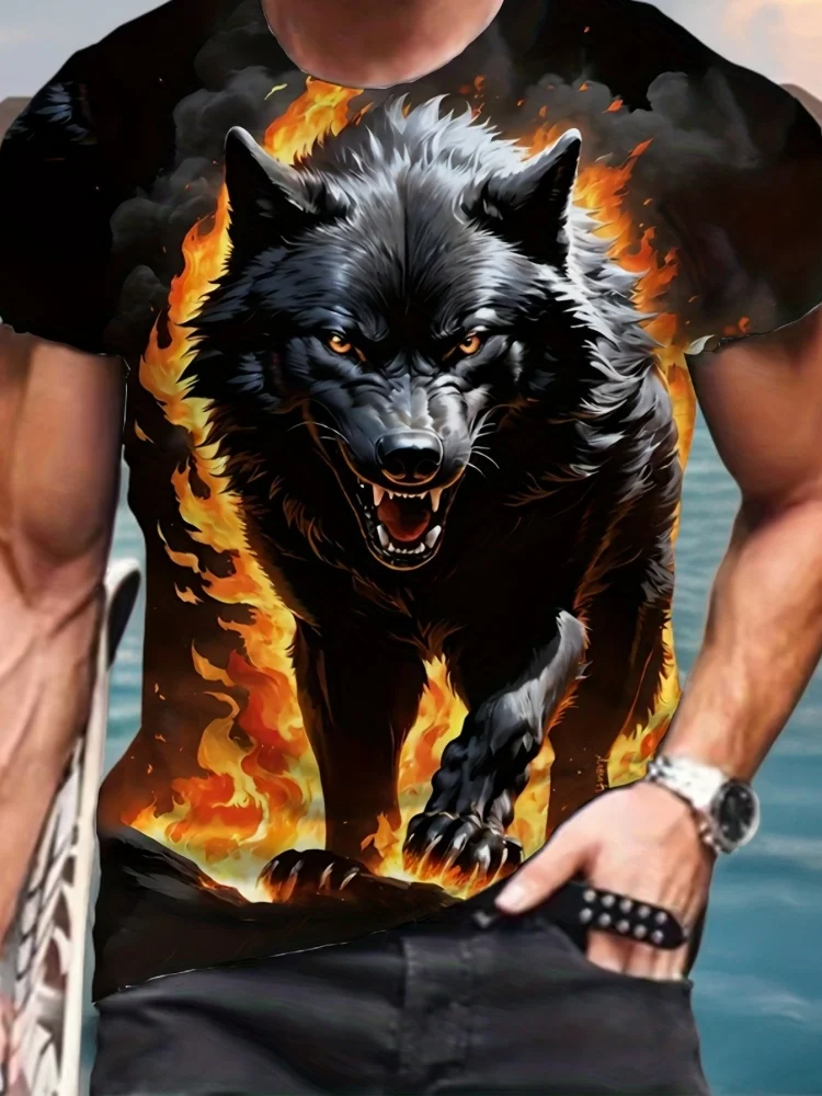Camiseta con estampado gráfico de lobo de fuego en 3D para hombre, camiseta informal de gran tamaño para verano, ropa de manga corta para Fitness a la moda para hombre