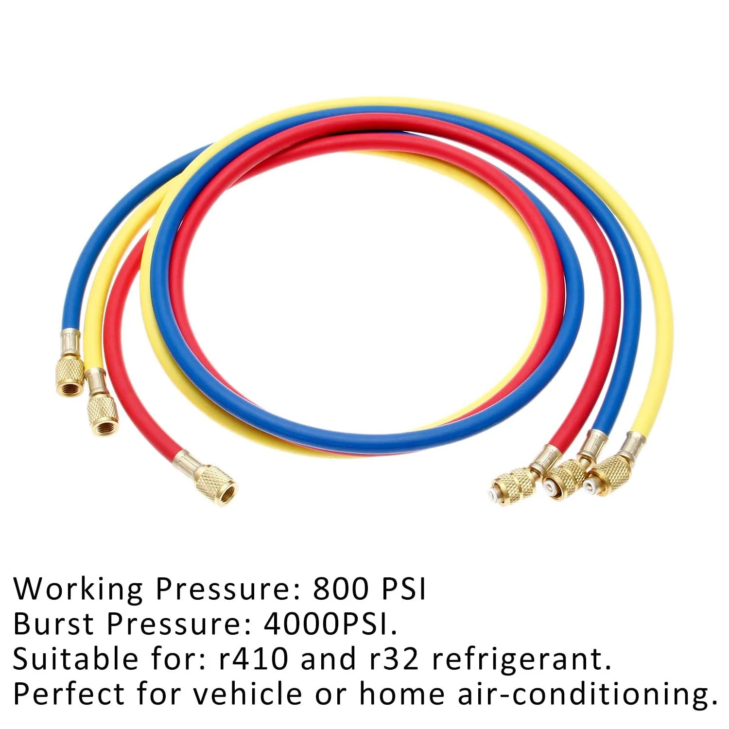 Juego de mangueras de carga de CA para refrigerante R410a, 3 colores, rosca SAE-5/16 de 1/4 ", presión de trabajo de 800-4000 PSI, compatible con R134a HVAC