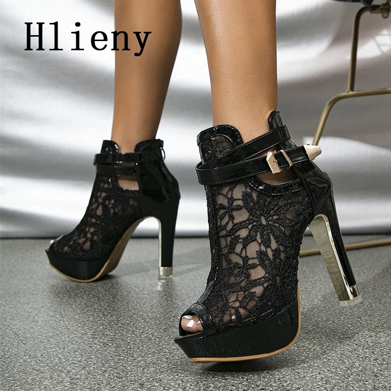 Hlieny-Botas de plataforma de tela de malla para mujer, zapatos de tacón alto con punta abierta, Stilettos para fiesta en club nocturno, Sexy, otoño