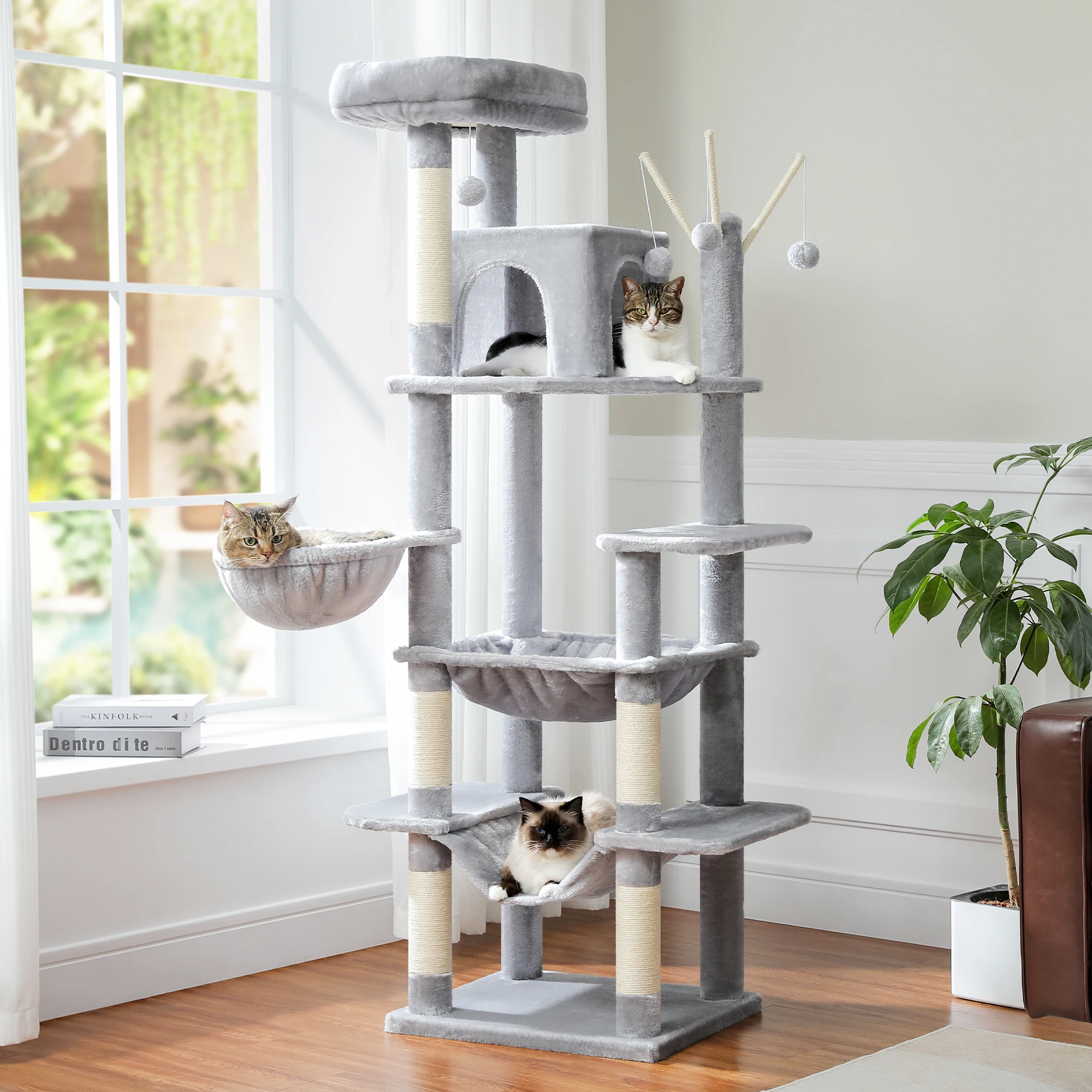 Árbol grande para gatos, torre alta para gatos de interior, Condo de gato de peluche de varios niveles con postes para rascar, tablas para rascar, perchas, cuádruplas
