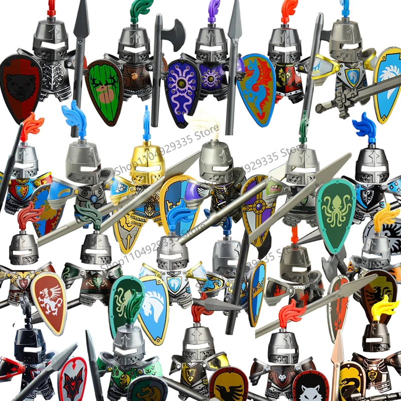 Figuras de soldados militares medievales, bloques de construcción MOC, Castillo, águila negra, Lobo, pulpo, Griffin, caballero antiguo, bloques Waffen, Juguetes