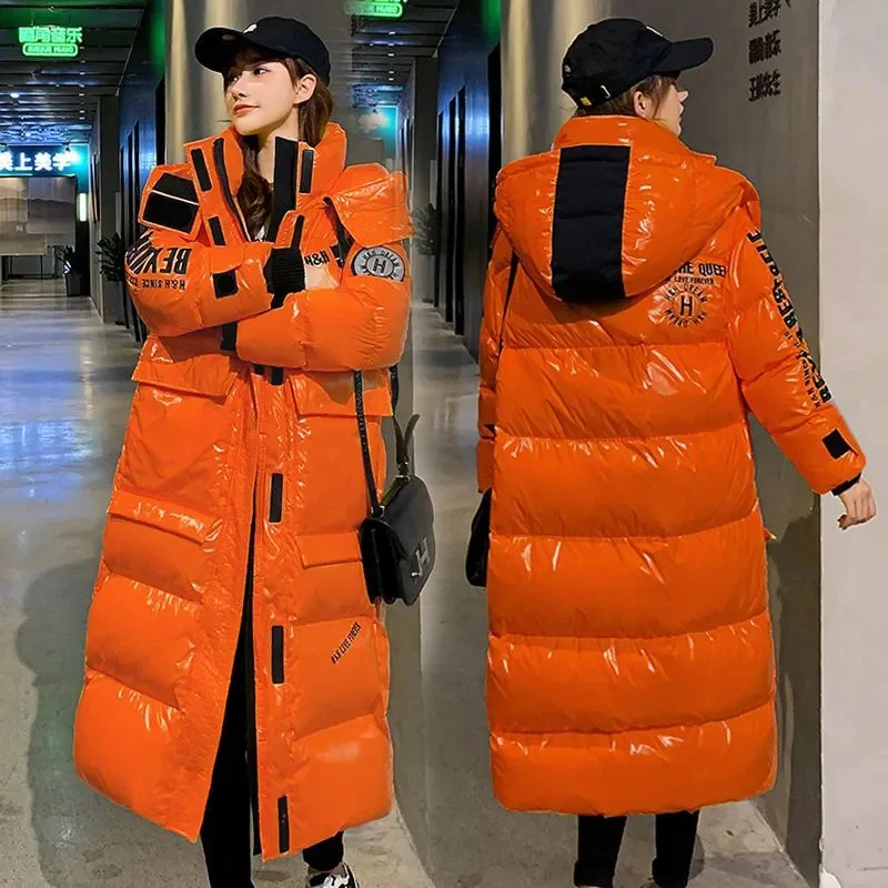 Abrigo Largo Casual con Capucha para Mujer, Negro Brillante, Estilo Parker, Cálido, Grueso, de Algodón con Relleno de Plumón, Resistente al Viento y a la Lluvia, para Invierno