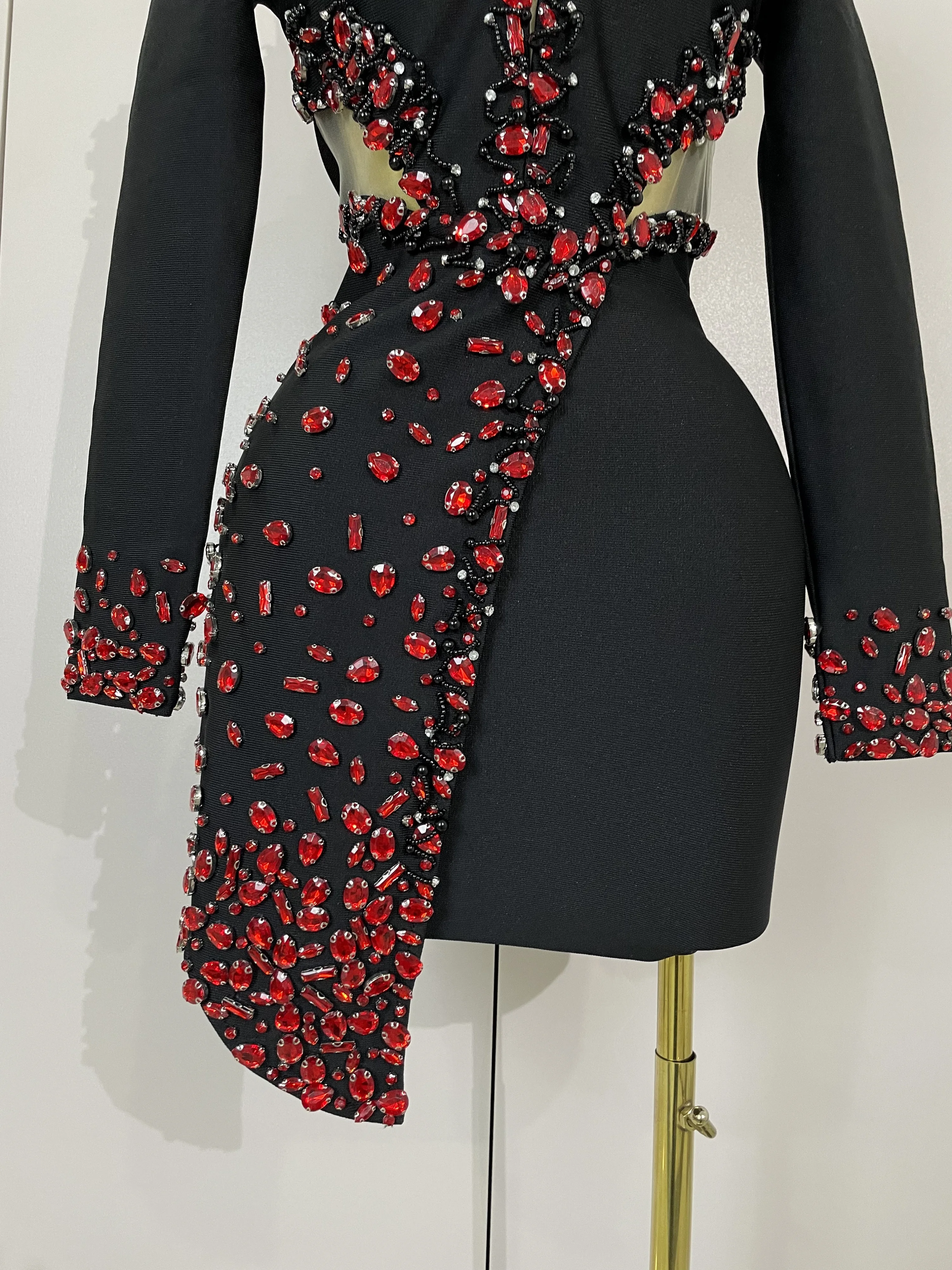 Vestido Bandage negro con diamantes de imitación y cuello en V de manga larga para mujer, vestidos elegantes de lujo para fiesta de cumpleaños y Club nocturno 2025