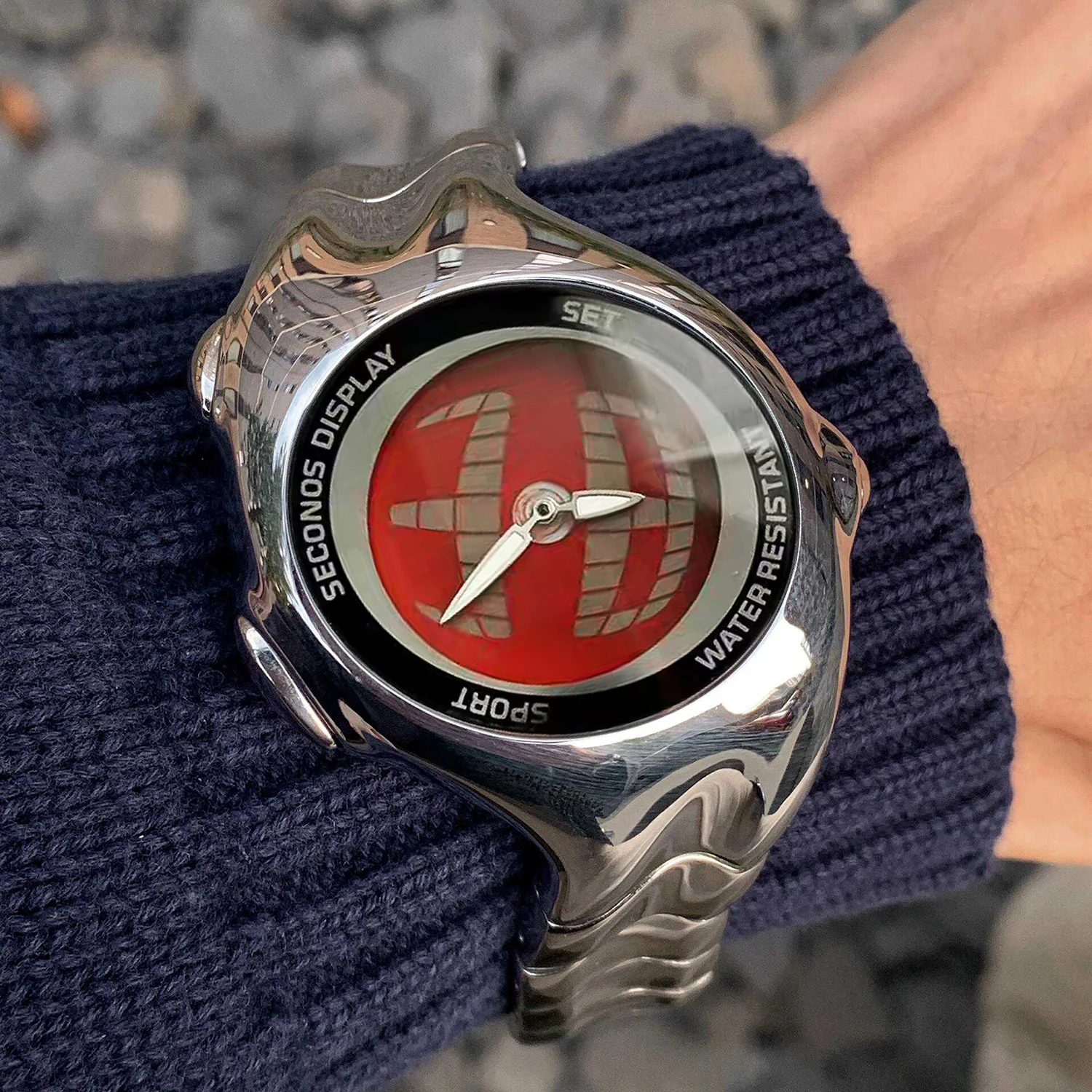 Reloj digital Y2K para hombre con tecnología retorcida, reloj de pulsera de cuarzo de metal único con pantalla dual, estilo vintage futurista