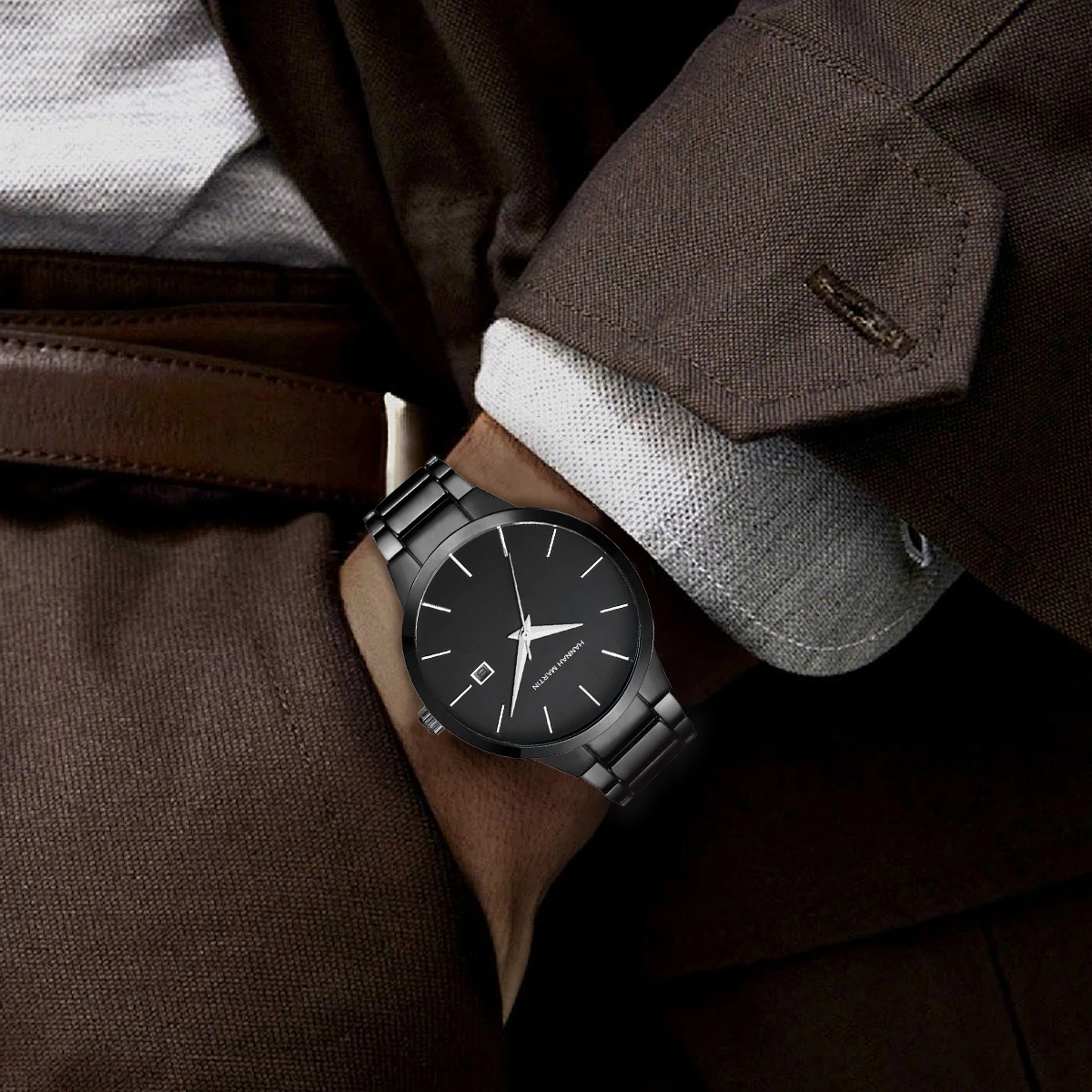 Hannah Martin Reloj de acero inoxidable para hombre Estilo de negocios de moda Estilo minimalista negro Relojes con movimiento de cuarzo resistente al agua 3Bar