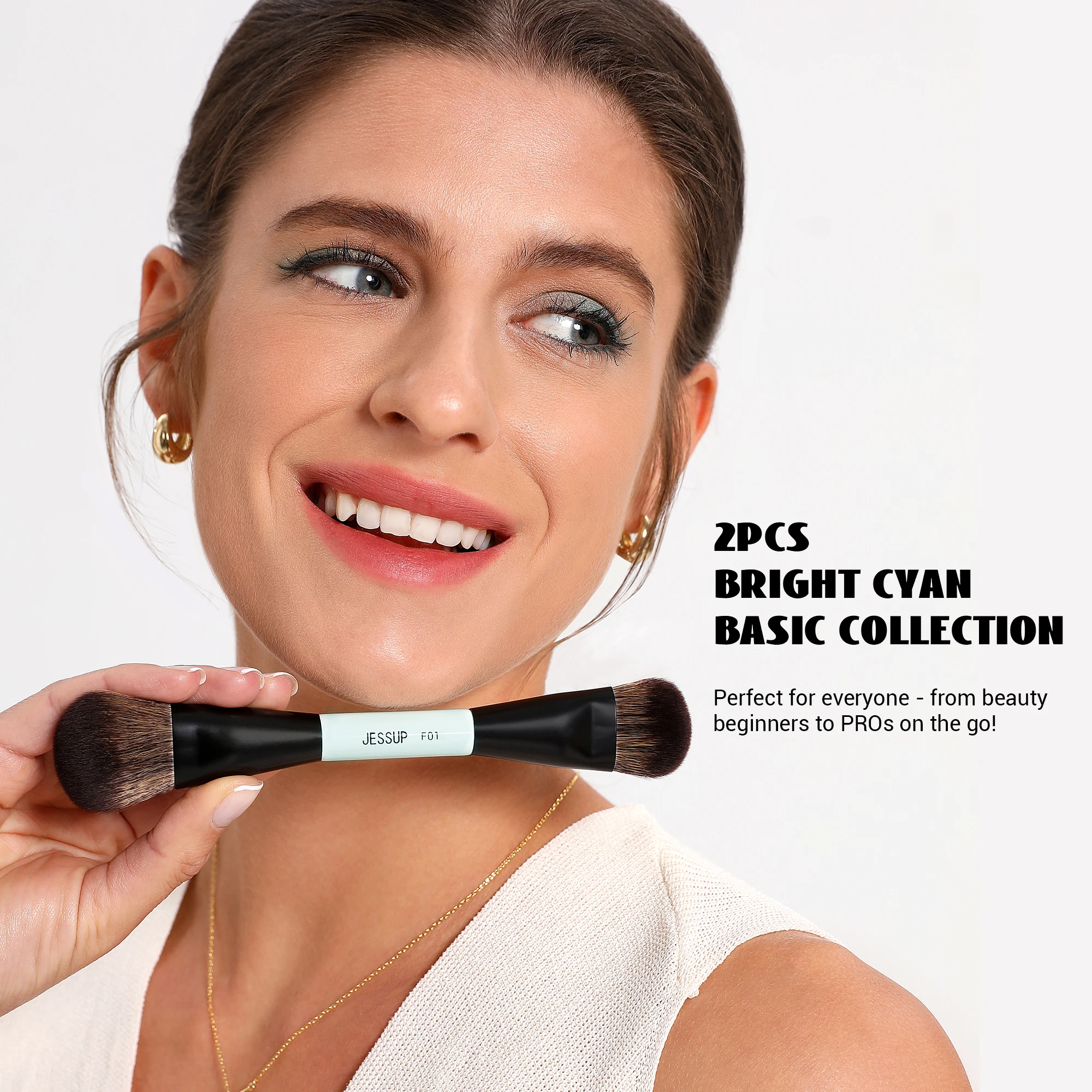 Jessup Juego de 2 brochas de maquillaje de doble cara, kit de brochas profesionales para base, contorno, colorete, sombra de ojos y difuminado T502