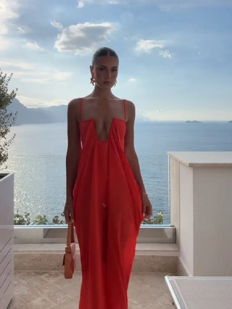 Vibrante Vestido Maxi Fluido para Vacaciones, con Escote en U Profundo, Estilo Bohemio Chic, de Chifón, Holgado, para Mujer, Ideal para la Playa, Vacaciones, Fiestas de Verano