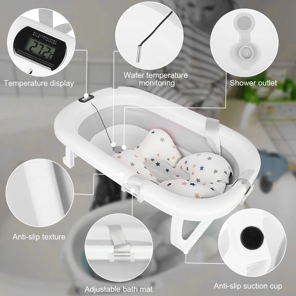 Bañera plegable para bebé con alfombrilla de baño, bañera para bebé con termómetro integrado, bañera portátil para bebés de 0 a 36 meses