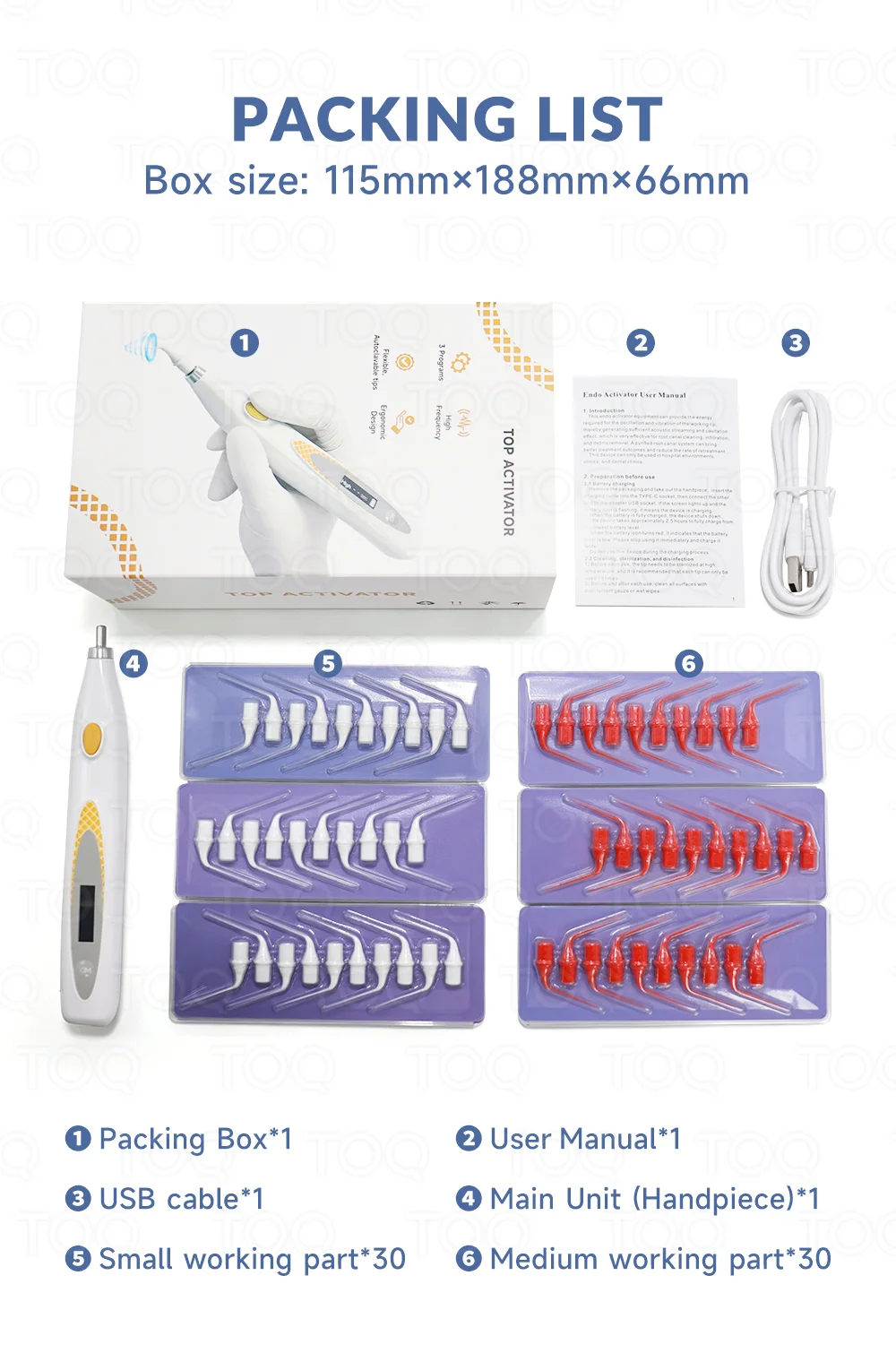 Activador Endodóntico Inalámbrico TOQ Dental, Irrigador Sónico con 60 Puntas, Recargable Tipo-C, Limpieza de Conductos Radiculares, 3 Modos, Endodoncia
