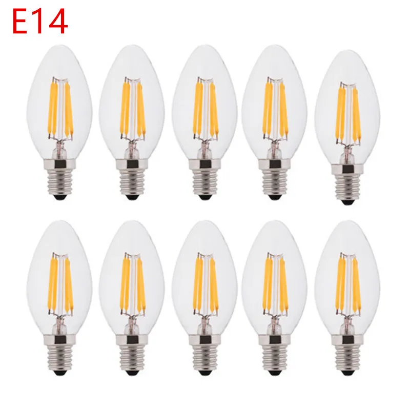 10 Uds bombilla LED C35 E14 E12 E27 220V 110V regulable 2W 4W 6W diseño vela de ahorro de energía luz de filamento blanco cálido lámpara de 360 grados
