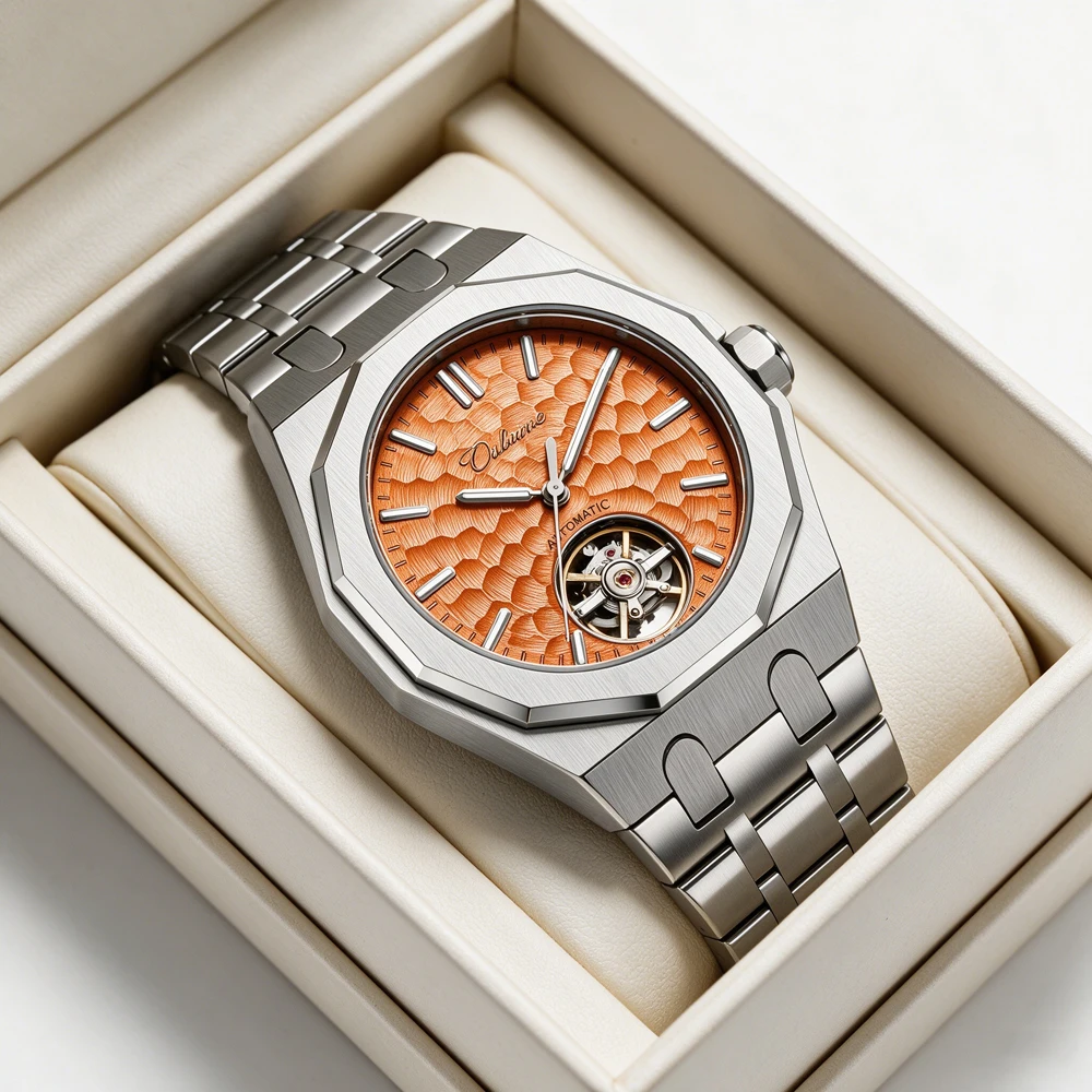Reloj mecánico automático para hombre, esfera naranja, Tourbillon esqueleto, reloj de pulsera octogonal de acero inoxidable, reloj de lujo resistente al agua