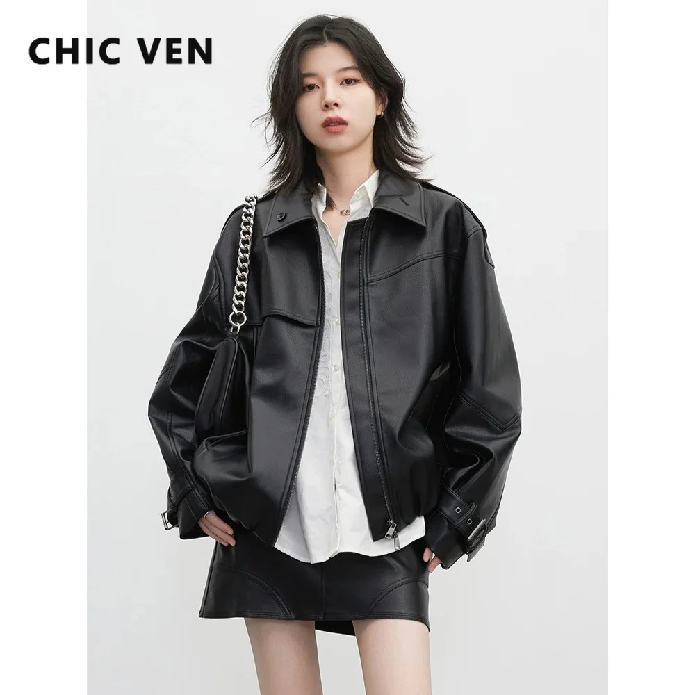 CHIC VEN Nuevo Abrigo de Cuero Sintético para Mujer, Estilo Urbano Sólido, Chaqueta de PU Retro de Motociclista para Mujer, Ropa de Primavera Otoño 2026