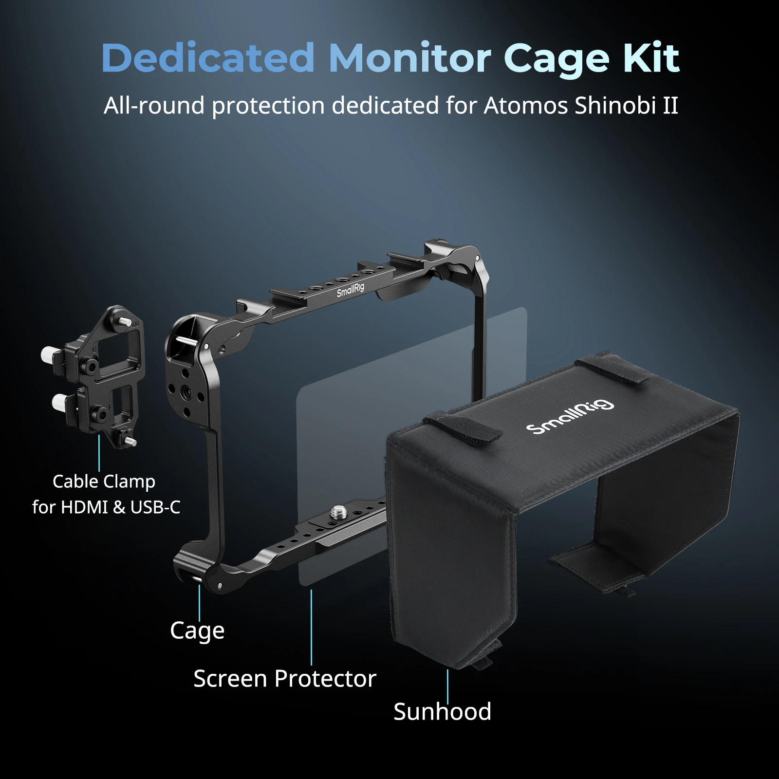 Kit de jaula de monitor SmallRig para Atomos Shinobi II, con parasol y abrazadera de cable USB y protector de pantalla -5030