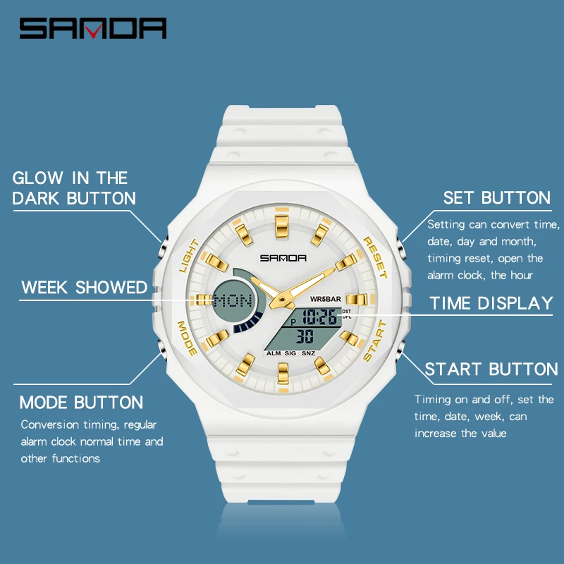SANDA-reloj deportivo militar para hombre, cronógrafo de cuarzo, resistente al agua, con pantalla Dual LED, Digital
