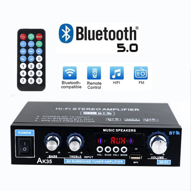 Amplificadores de sonido AK35/AK45/AK55 amplificador Digital Bluetooth para Karaoke de coche en casa amplificador estéreo HiFi de 2 canales FM Control remoto USB